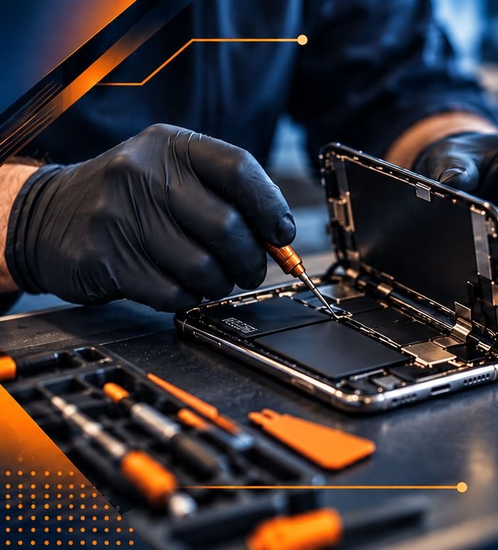 Technician replacing parts inside an opened smartphone during a repair